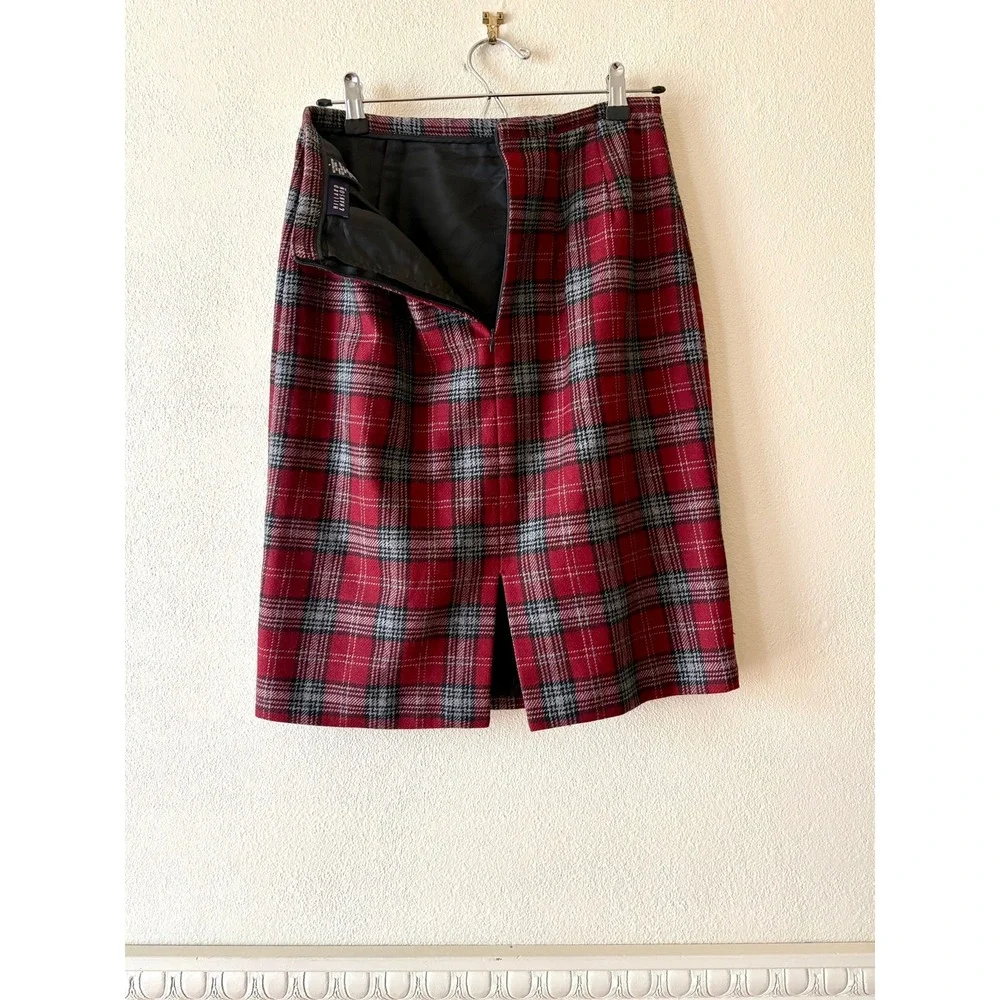 Vintage Y2K Hillard & Hanson Red Plaid Wool Blend Pencil Skirt 6 Academia Preppy
